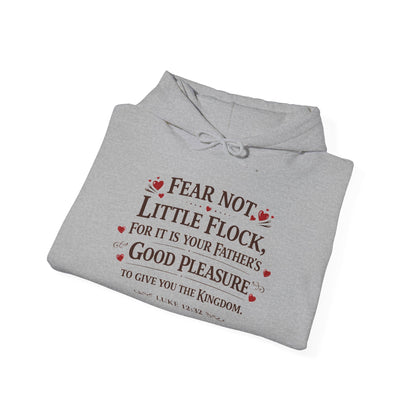 Fear Not Little Flock Hoodie with Printed Sleeves | Luke 12:32 Scripture Heart Design Bible Verse Gift | Share your faith