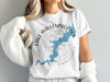 White t-shirt with Lake Wallenpaupack Pennsylvania map and compass design.