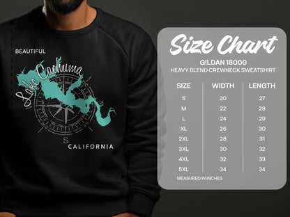 Sweatshirt with Lake Cachuma graphic and Gildan 18000 size chart.