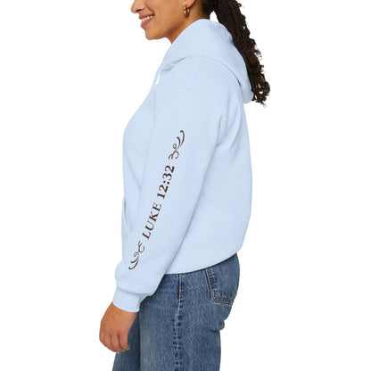 Fear Not Little Flock Hoodie with Printed Sleeves | Luke 12:32 Scripture Heart Design Bible Verse Gift | Share your faith