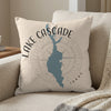 Pillow with Lake Cascade Idaho map and compass design.