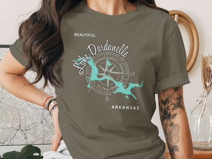 Lake Dardanelle Arkansas graphic on a grey t-shirt.