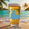 Glass of beer on a beach with "Lake St. Clair Michigan" text and blue lake outline.