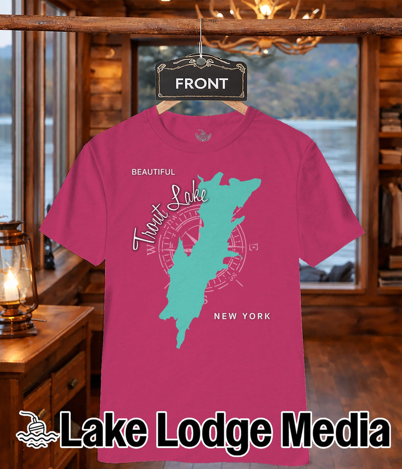 Pink t-shirt with a teal outline of New York and "Trout Lake" text.