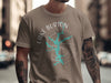 Taupe t-shirt with Lake Burton Georgia compass design and arm tattoos.