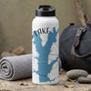 White water bottle with blue lake map graphic, compass, and text "LAKE".