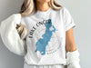 White t-shirt with blue Lake Onota map graphic and text in Massachusetts.