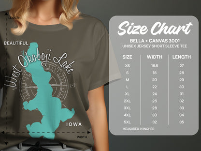 T-shirt size chart showing measurements for Bella + Canvas 3001 unisex short sleeve tees.