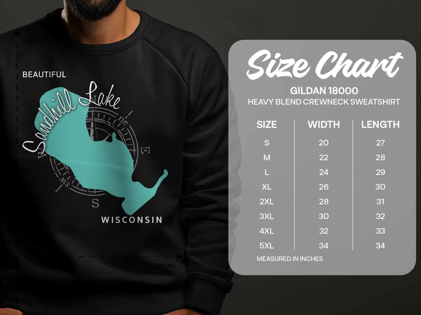 Crewneck sweatshirt with "Sandhill Lake Wisconsin" graphic and size chart.