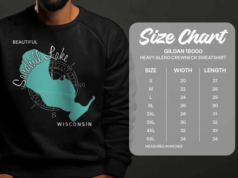 Crewneck sweatshirt with "Sandhill Lake Wisconsin" graphic and size chart.