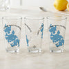 Three clear glasses feature a blue map of Lake Chaubunagungamaug, Massachusetts.