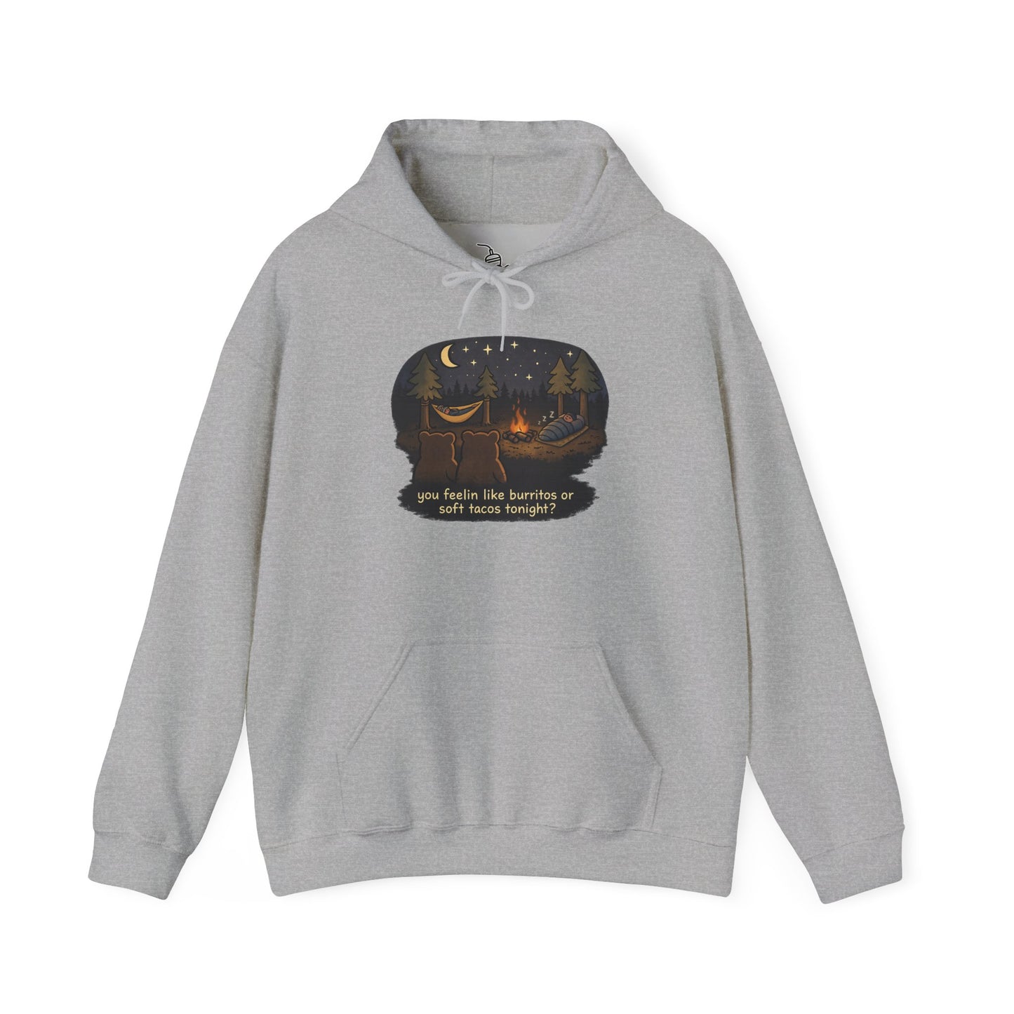 Campfire Bears Humor Hoodie, People in Sleeping Bags are Bear Burritos and Tacos Joke, Camping Hiking Smores Bonfire Apparel