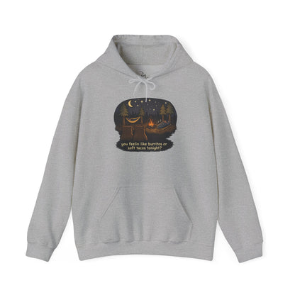 Campfire Bears Humor Hoodie, People in Sleeping Bags are Bear Burritos and Tacos Joke, Camping Hiking Smores Bonfire Apparel