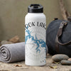 White water bottle with "Cook Lake" text and a compass rose map graphic.