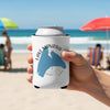 White koozie on a can held by hand on a beach, featuring a blue map of Lake Manawa, Iowa outline.