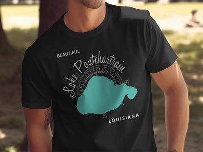 Black t-shirt with "Lake Pontchartrain Louisiana" and a teal map outline.