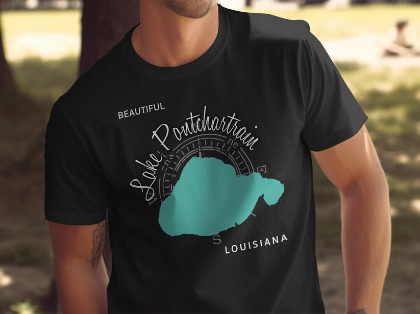 Black t-shirt with "Lake Pontchartrain Louisiana" and a teal map outline.