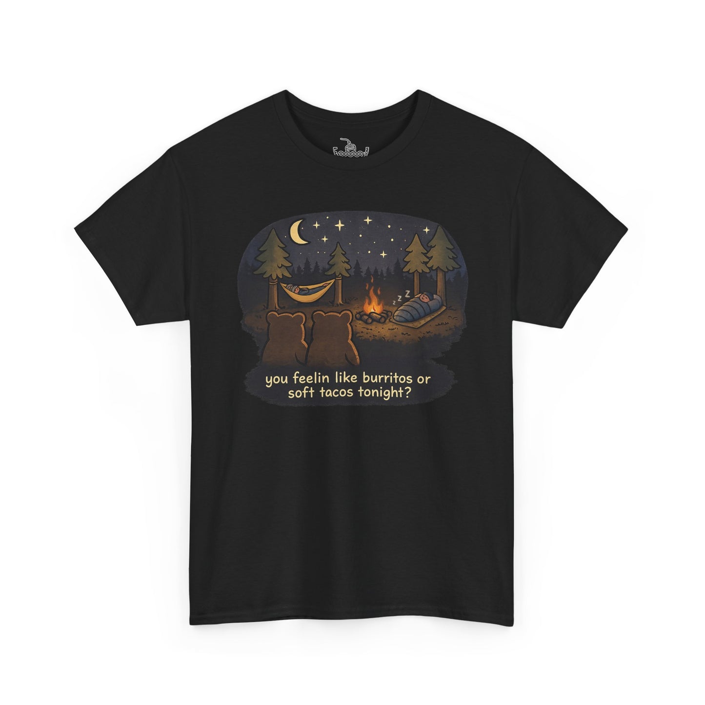 Campfire Bears Humor T-Shirt, People in Sleeping Bags are Bear Burritos and Tacos Joke, Camping Hiking Smores Bonfire Apparel