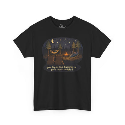 Campfire Bears Humor T-Shirt, People in Sleeping Bags are Bear Burritos and Tacos Joke, Camping Hiking Smores Bonfire Apparel