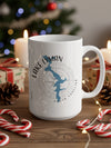 White mug with Lake Lyman, South Carolina map and compass design.