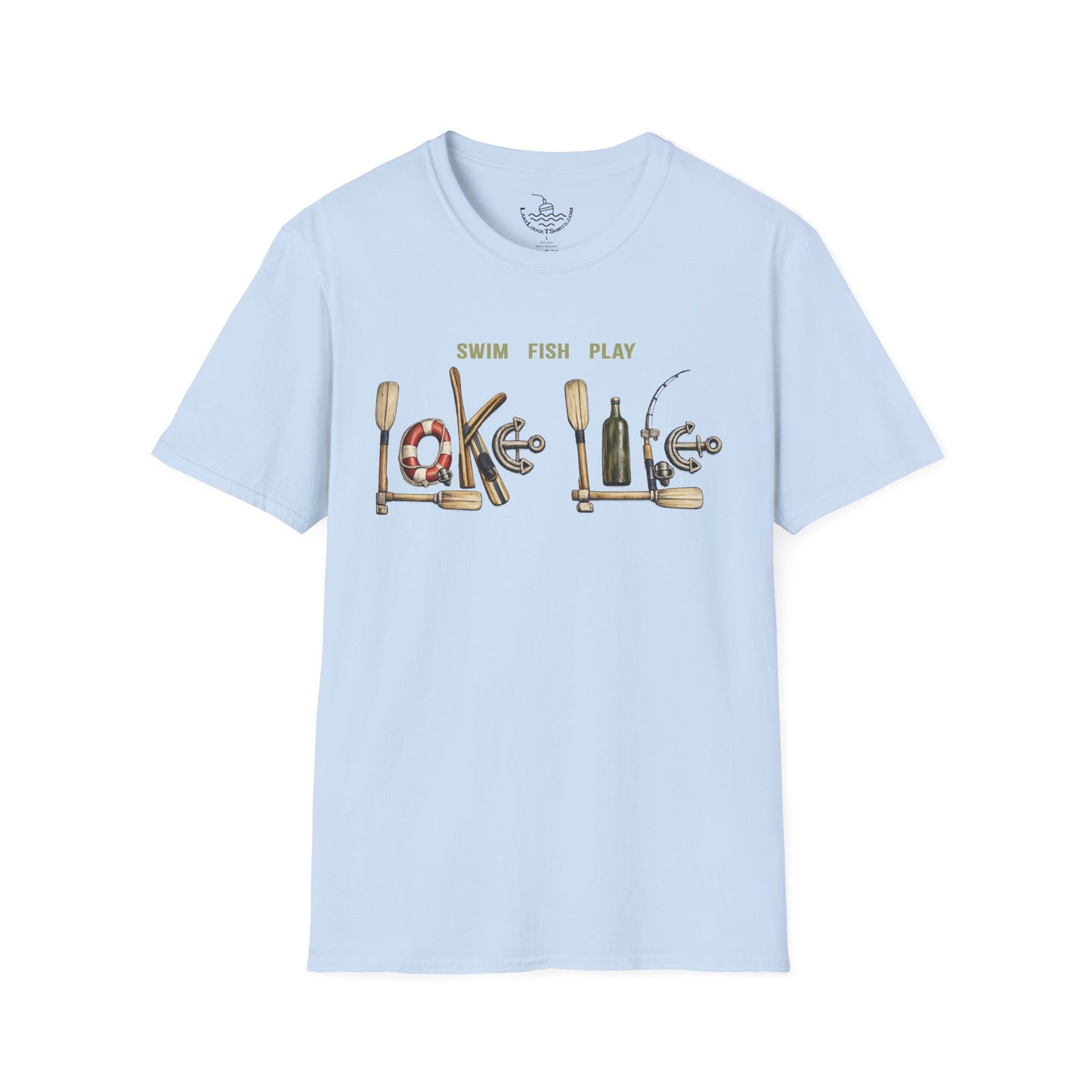 Lake Life T-Shirt | Boat Oars Life Preserver Anchor Letters Rustic Design | Fishing Water Skiing Gift Tee