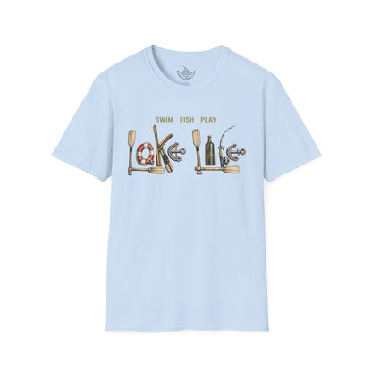 Lake Life T-Shirt | Boat Oars Life Preserver Anchor Letters Rustic Design | Fishing Water Skiing Gift Tee