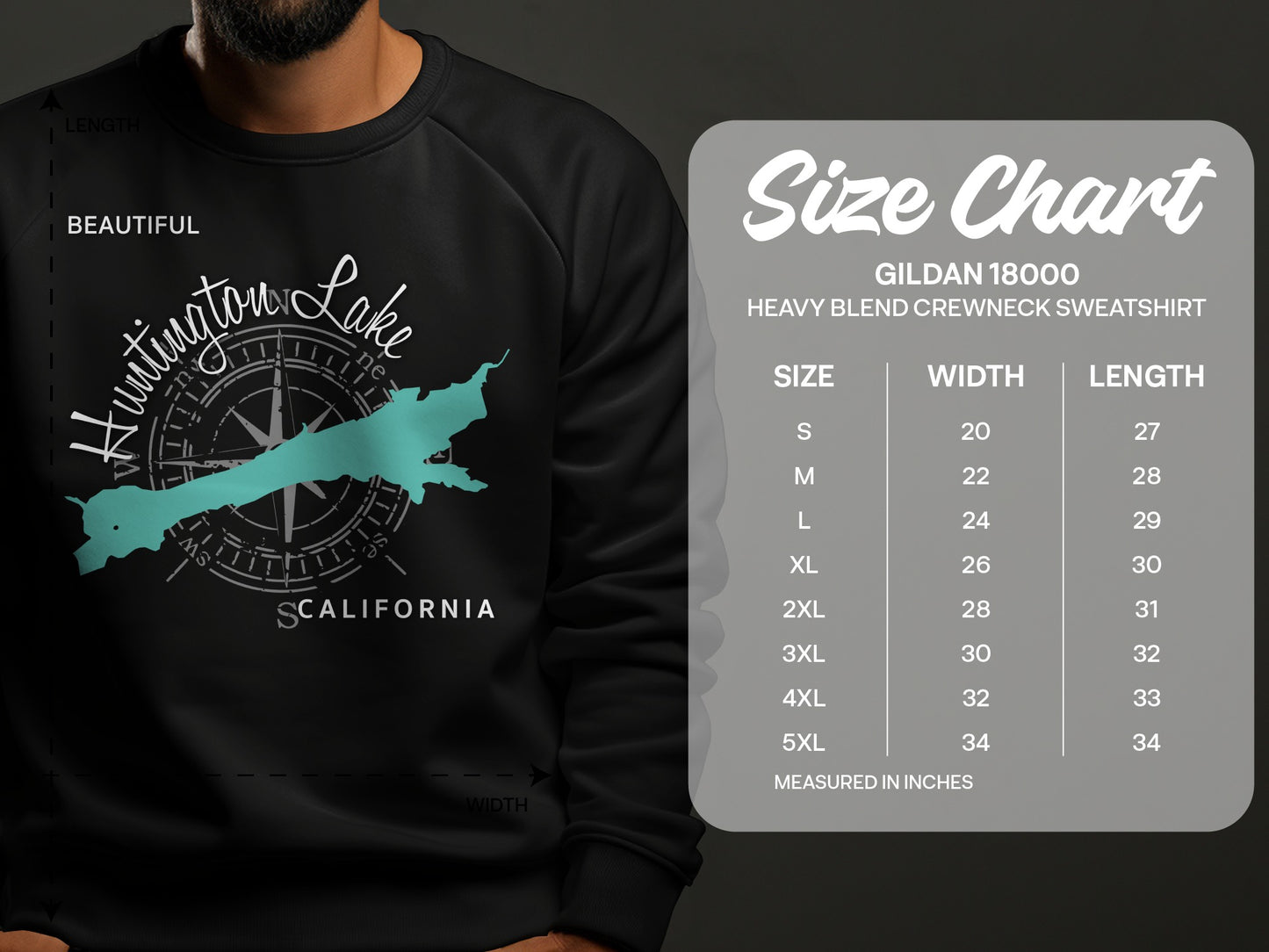 Huntington Lake California graphic on sweatshirt with size chart.