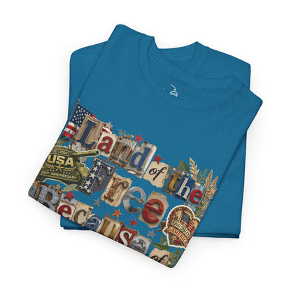 USA 250th Anniversary Land of the Free Because of the Brave T-Shirt | Patriotic Fourth of July Scrapbook Collage Design