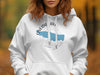 White hoodie with blue Oneida Lake map graphic and New York text.