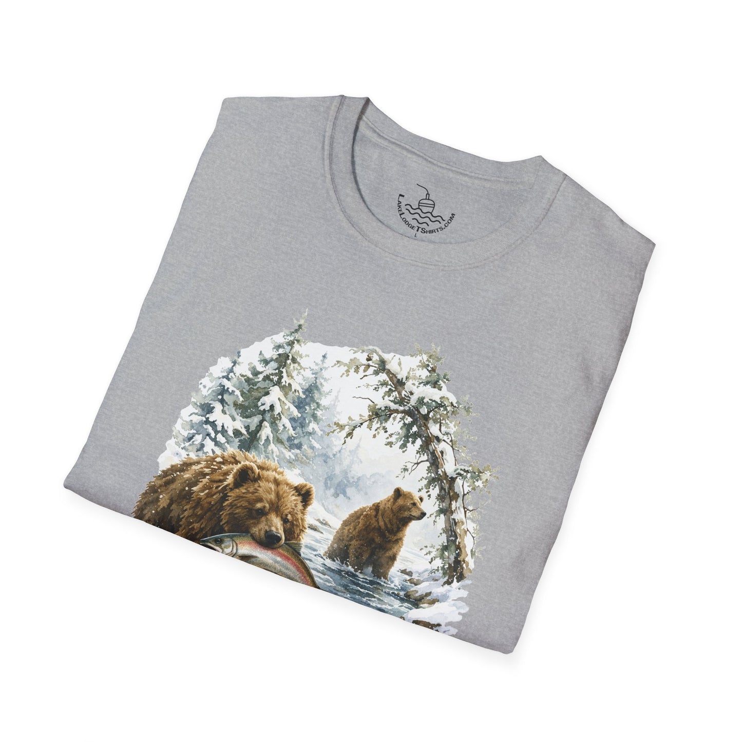 Kodiak Winter Brown Bear Fishing T-Shirt | Wildlife Salmon Catch Nature Lover Tee | Rustic Forest Animal Art Gift Shirt