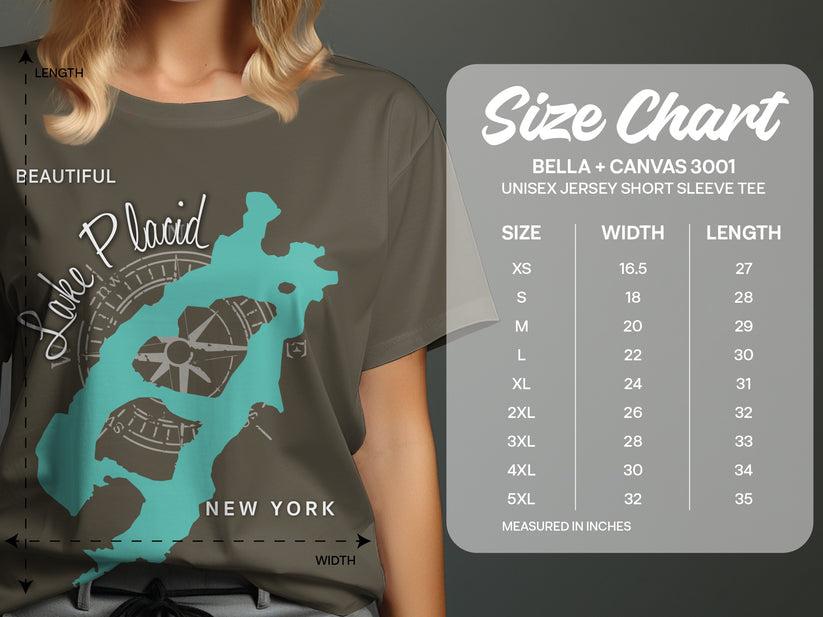 Size chart for Bella + Canvas 3001 unisex t-shirt with Lake Placid graphic.