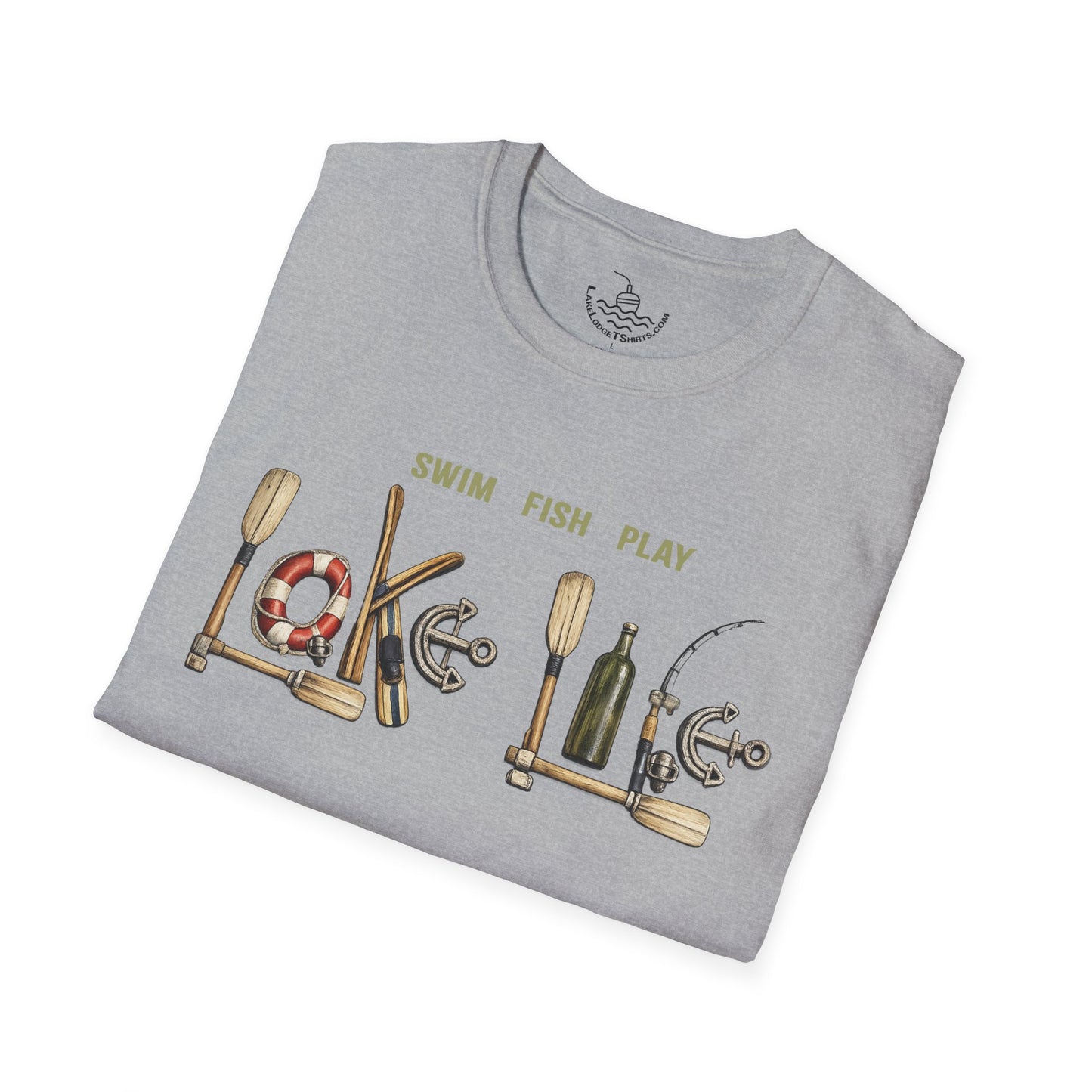 Lake Life T-Shirt | Boat Oars Life Preserver Anchor Letters Rustic Design | Fishing Water Skiing Gift Tee