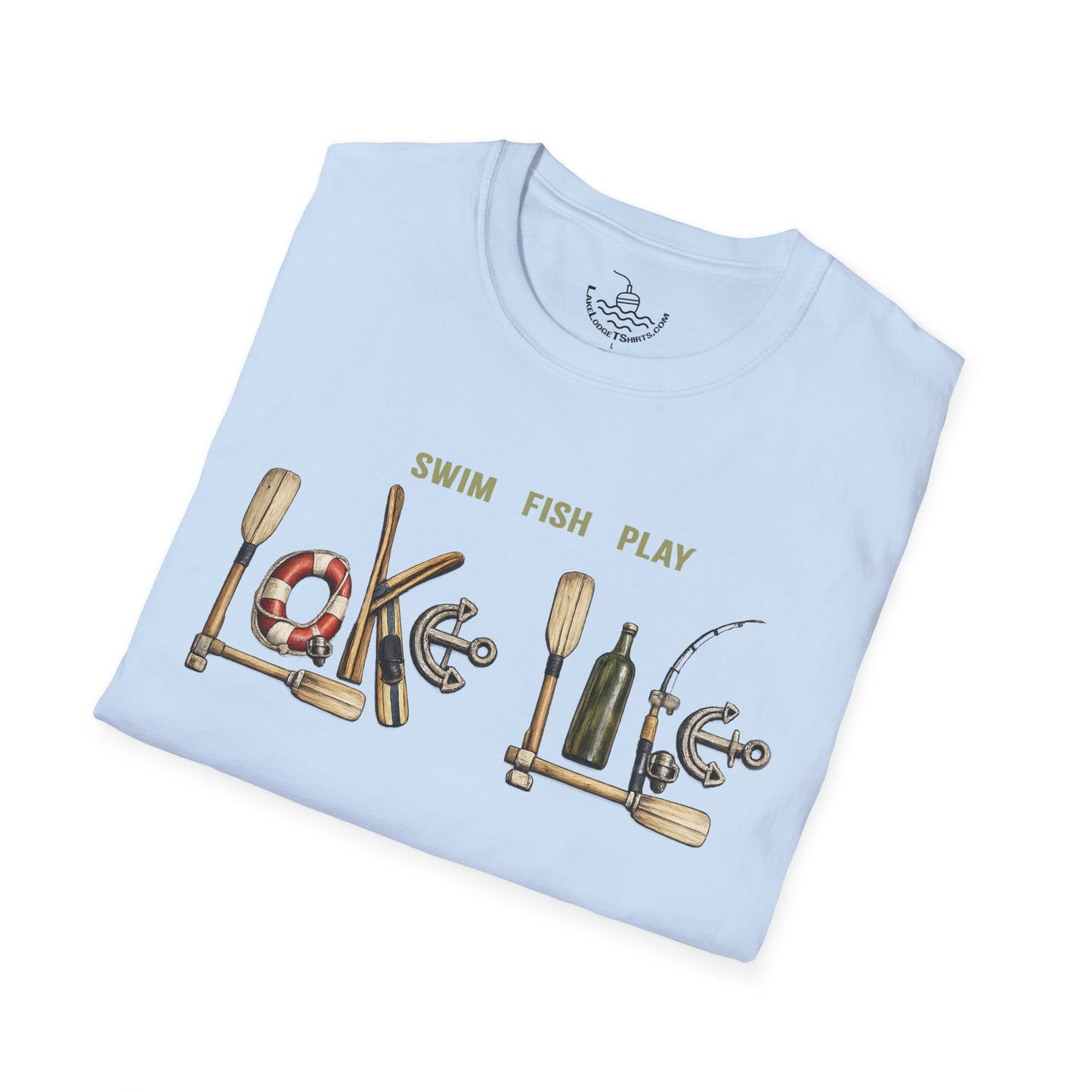 Lake Life T-Shirt | Boat Oars Life Preserver Anchor Letters Rustic Design | Fishing Water Skiing Gift Tee