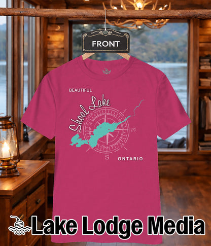 Pink t-shirt featuring "Shoal Lake Ontario" with a compass and lake outline.