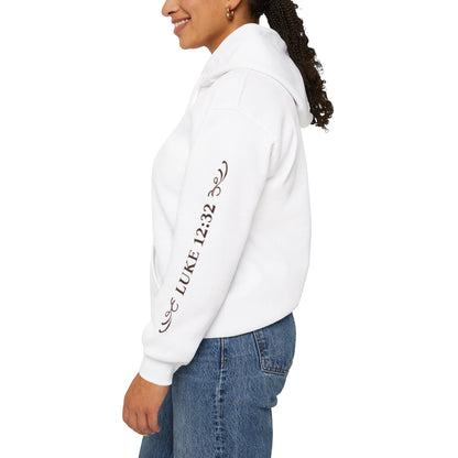 Fear Not Little Flock Hoodie with Printed Sleeves | Luke 12:32 Scripture Heart Design Bible Verse Gift | Share your faith