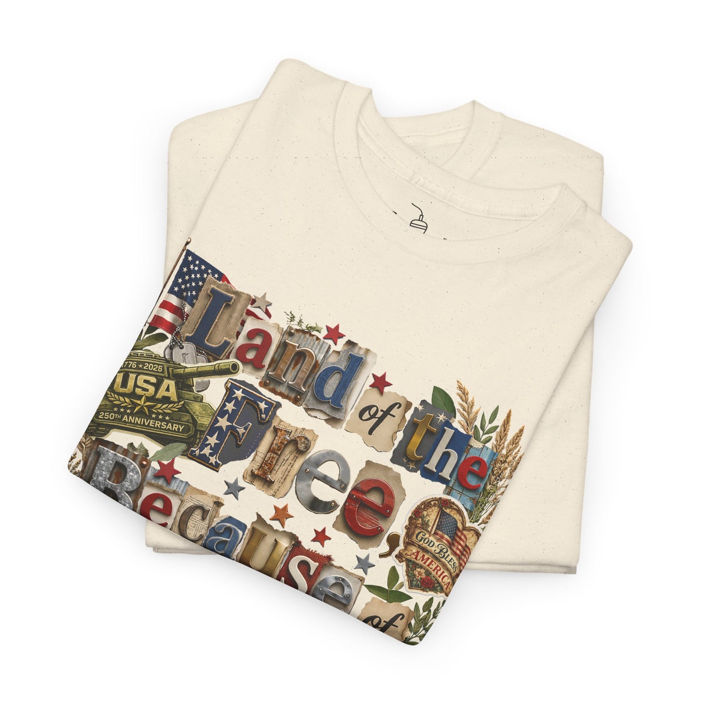 USA 250th Anniversary Land of the Free Because of the Brave T-Shirt | Patriotic Fourth of July Scrapbook Collage Design