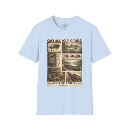 Fly Fishing Cast All Your Cares Upon the Lord Scripture T-Shirt | 1 Peter 5:7 Bible Verse for Fisherman, Father's Day