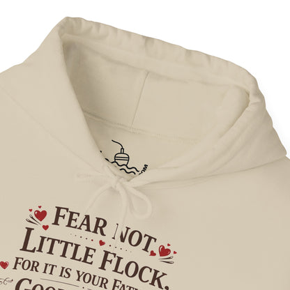 Fear Not Little Flock Hoodie with Printed Sleeves | Luke 12:32 Scripture Heart Design Bible Verse Gift | Share your faith