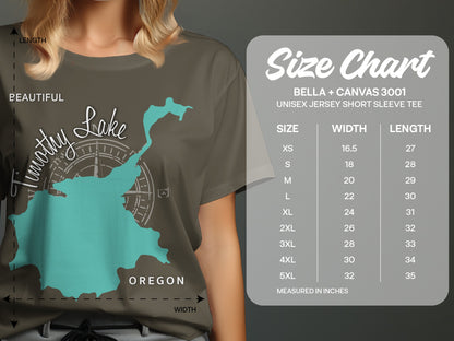 T-shirt with "Beautiful Timothy Lake Oregon" graphic and size chart.