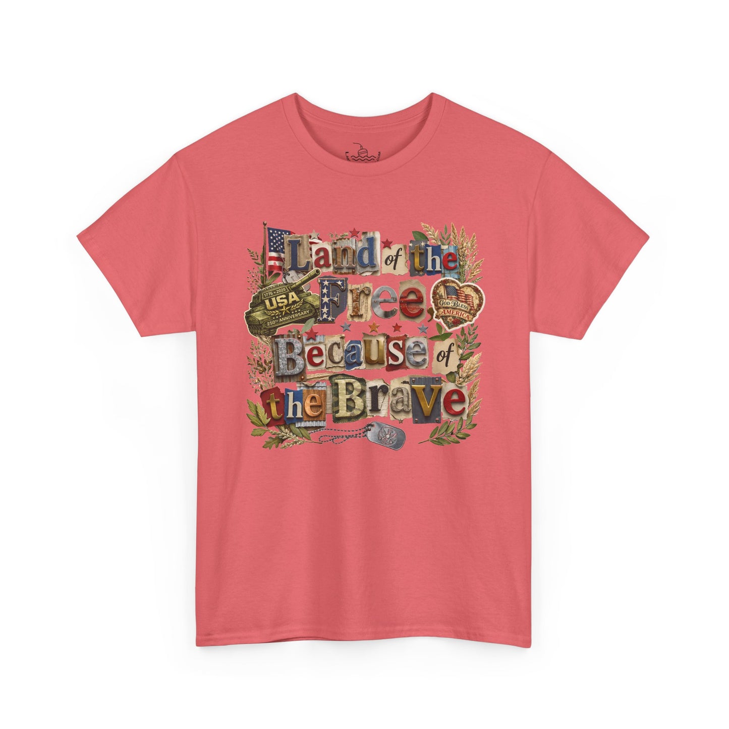 USA 250th Anniversary Land of the Free Because of the Brave T-Shirt | Patriotic Fourth of July Scrapbook Collage Design