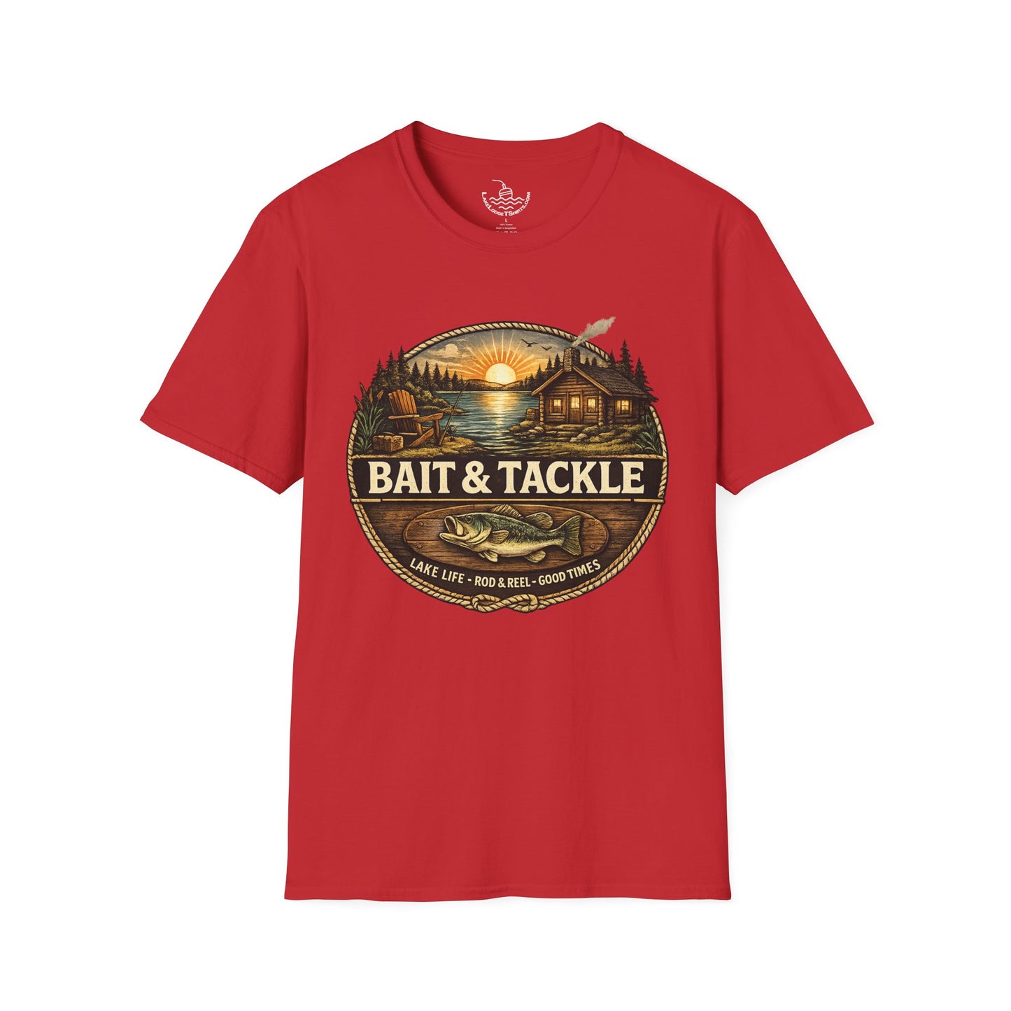 Bait & Tackle Fishing Lake Life T-Shirt | Rustic Lodge Cabin Mounted Bass Fishing Themed Bait Store Shirt