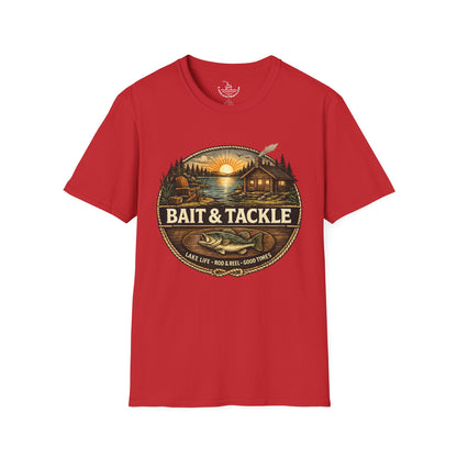 Bait & Tackle Fishing Lake Life T-Shirt | Rustic Lodge Cabin Mounted Bass Fishing Themed Bait Store Shirt