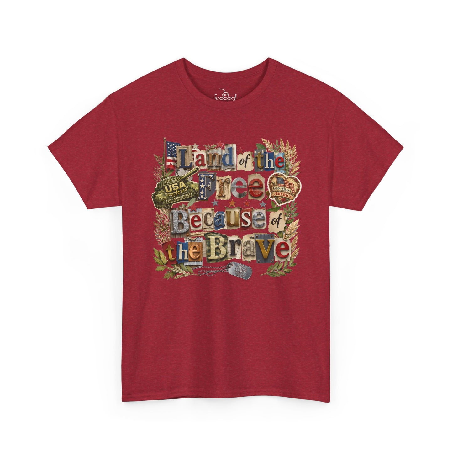 USA 250th Anniversary Land of the Free Because of the Brave T-Shirt | Patriotic Fourth of July Scrapbook Collage Design
