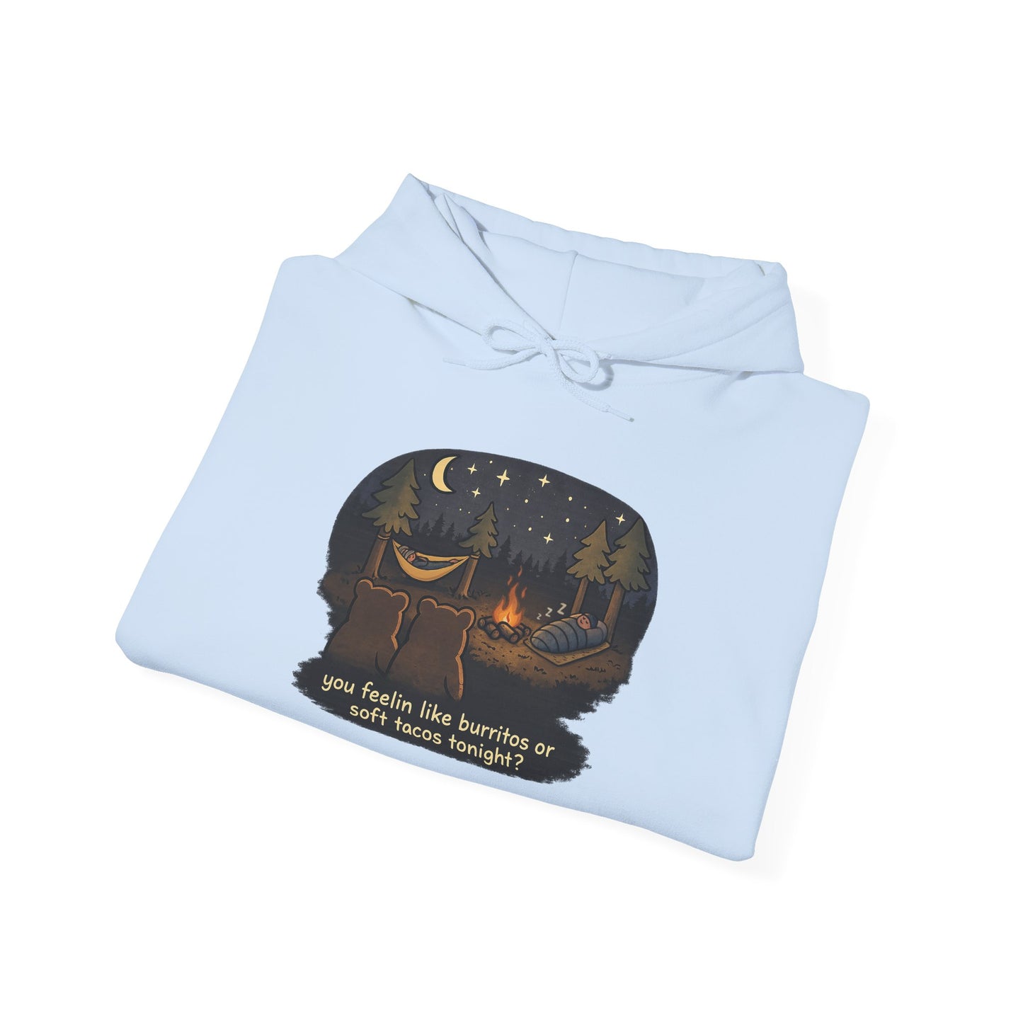 Campfire Bears Humor Hoodie, People in Sleeping Bags are Bear Burritos and Tacos Joke, Camping Hiking Smores Bonfire Apparel