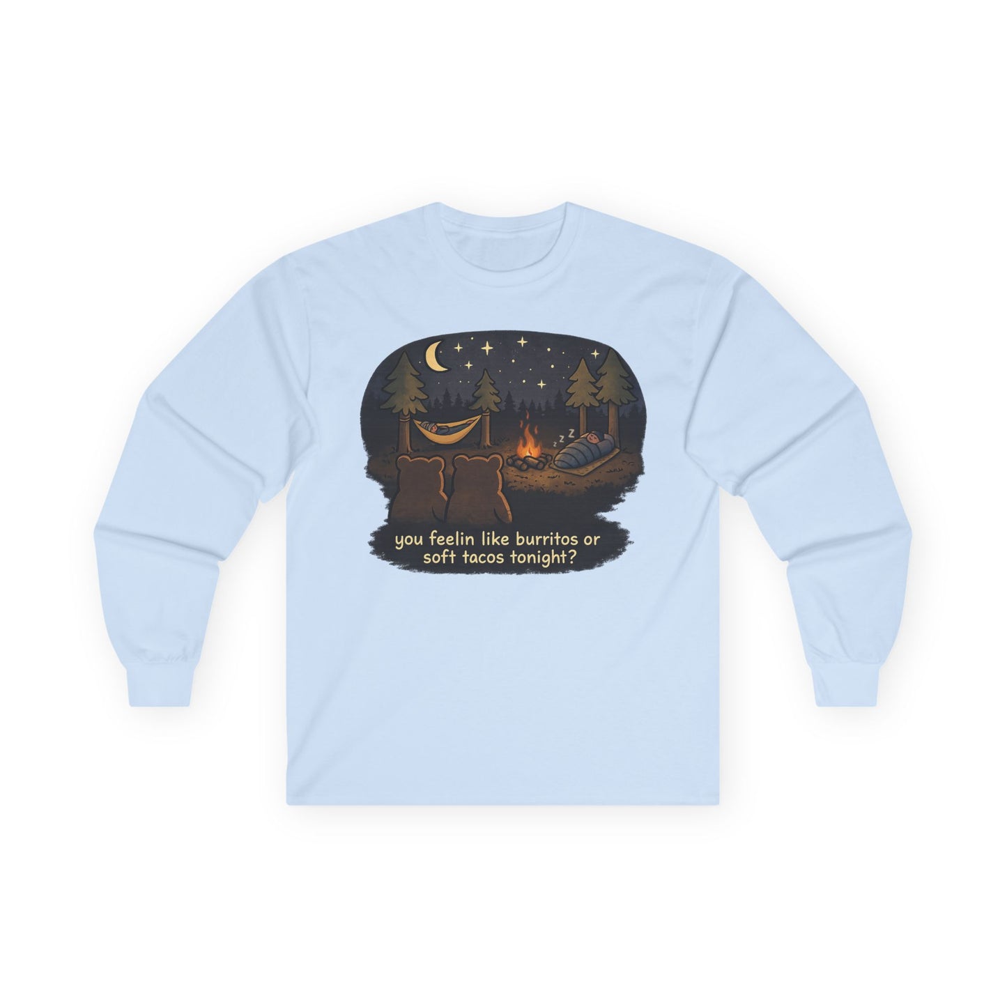 Campfire Bears Humor Long Sleeve T-Shirt, People in Sleeping Bags are Bear Burritos and Tacos Joke, Camping Hiking Shirt