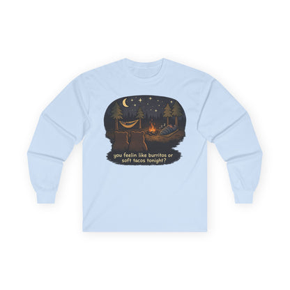 Campfire Bears Humor Long Sleeve T-Shirt, People in Sleeping Bags are Bear Burritos and Tacos Joke, Camping Hiking Shirt