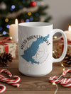 White mug with a blue outline of Ross Barnett Lake and Mississippi on it.