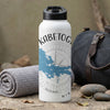 White water bottle with "Kabetog" text, blue lake map, and compass design.