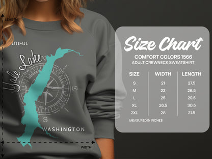 Lake Dale Washington graphic sweatshirt with comfort colors size chart.