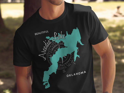 Black t-shirt with turquoise map of Arcadia Lake, Oklahoma and compass.